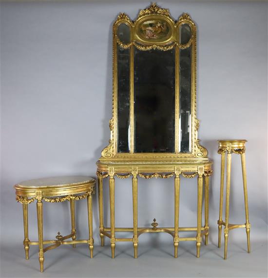 A three piece suite of Louis XVI style giltwood salon furniture